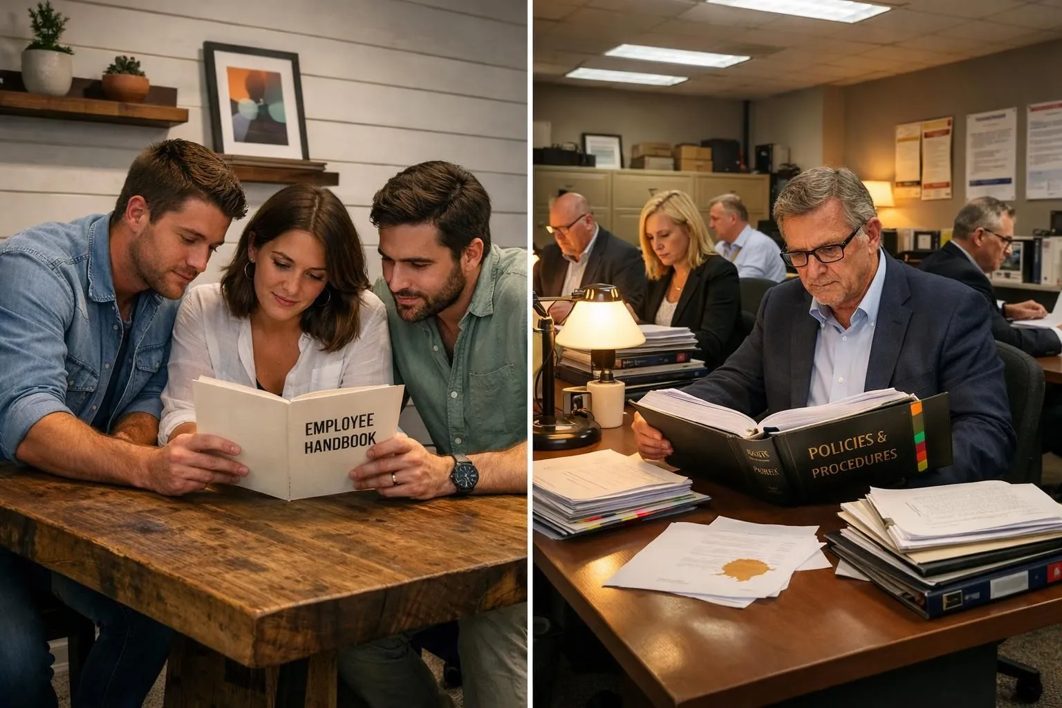 A contrasting office scene depicts startup creativity versus corporate formality. A contrasting office scene depicts startup creativity versus corporate formality.