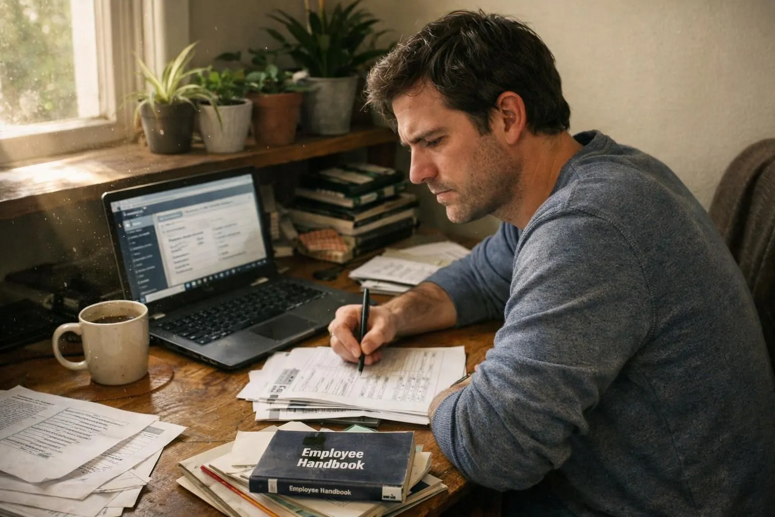 A man concentrates on HR tasks at a cluttered home office desk. A man concentrates on HR tasks at a cluttered home office desk.