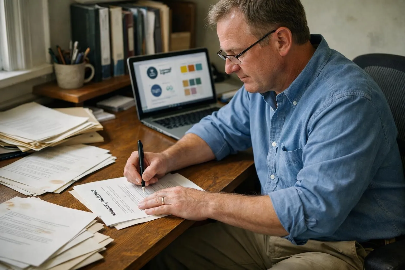 A middle-aged man reviews documents at an oak desk in an office. A middle-aged man reviews documents at an oak desk in an office.