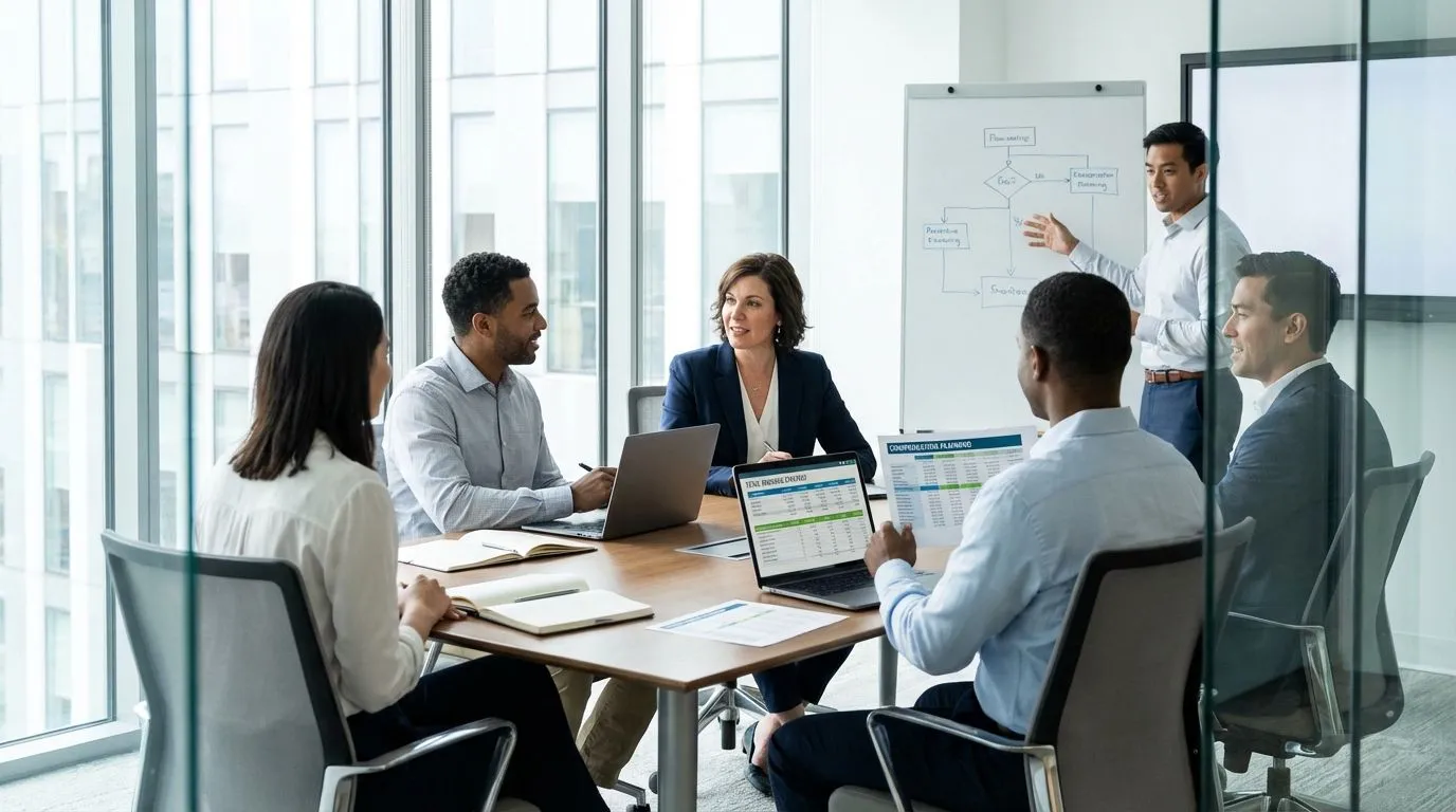 A diverse group of managers and HR professionals discussing total reward packages in a meeting. A diverse group of managers and HR professionals discussing total reward packages in a meeting.
