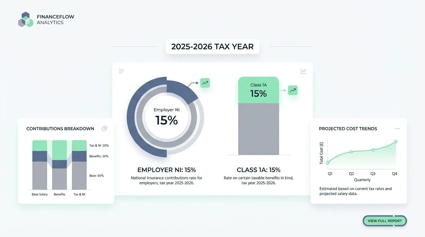Digital infographic showing 2025-2026 Employer National Insurance rates. Digital infographic showing 2025-2026 Employer National Insurance rates.