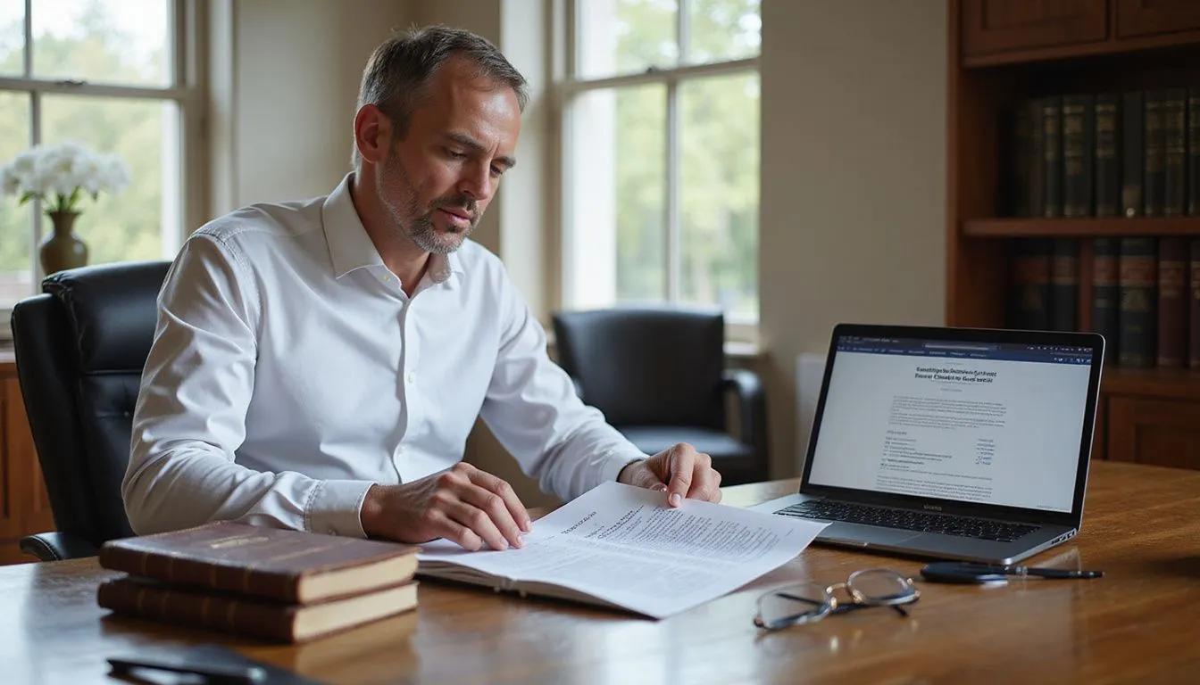 An employment lawyer reviews documents in a professional office setting. An employment lawyer reviews documents in a professional office setting.