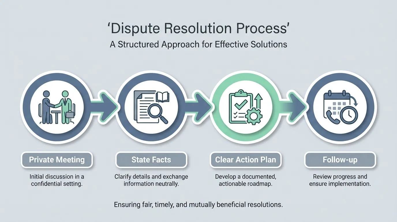 Infographic timeline showing the steps of the workplace dispute resolution process.