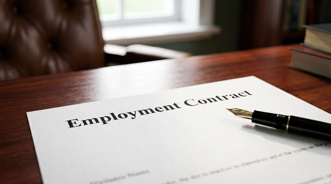 Close-up of a formal employment contract document on a desk.