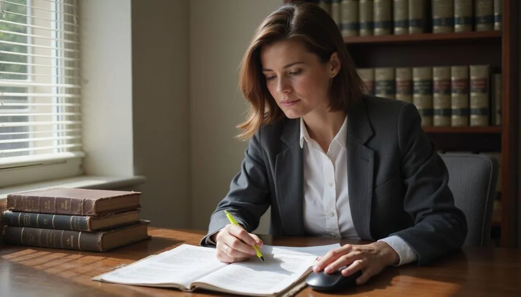 A focused woman reviews employment law materials at her desk.