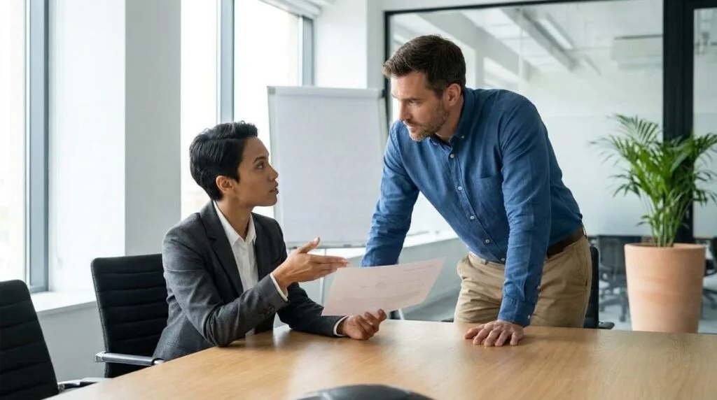 HR expert discussing mediation strategies with a business manager in a meeting room.