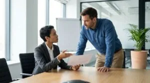 HR expert discussing mediation strategies with a business manager in a meeting room.